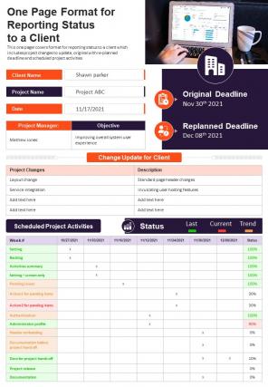 One page format for reporting status to a client presentation infographic ppt pdf document