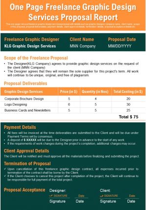 One page freelance graphic design services proposal report presentation report infographic ppt pdf document