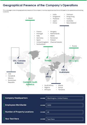 One page geographical presence of the companys operations presentation report infographic ppt pdf document