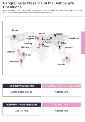One page geographical presence of the companys operations template 151 report infographic ppt pdf document