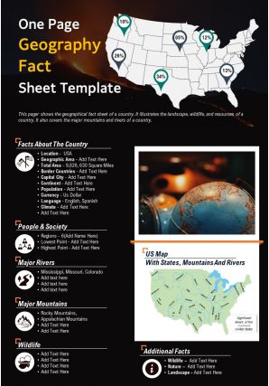 One page geography fact sheet template presentation report infographic ppt pdf document