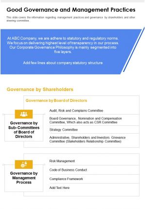 One page good governance and management practices report infographic ppt pdf document