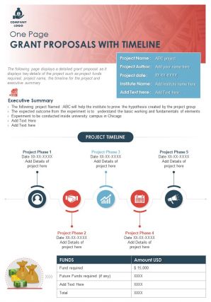 One page grant proposals with timeline presentation report infographic ppt pdf document