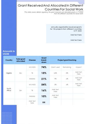 One page grant received and allocated in different countries for social work report infographic ppt pdf document