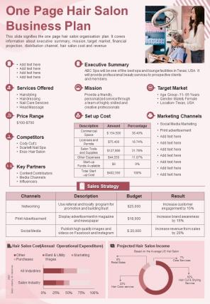 One Page Hair Salon Business Plan Presentation Report Infographic Ppt Pdf Document
