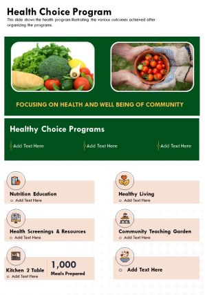 One page health choice program presentation report infographic ppt pdf document
