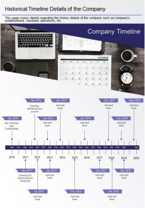 One page historical timeline details of the company presentation report infographic ppt pdf document