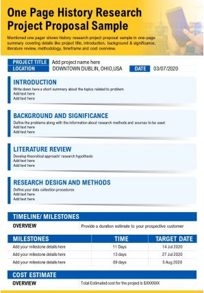 One page history research project proposal sample presentation report infographic ppt pdf document