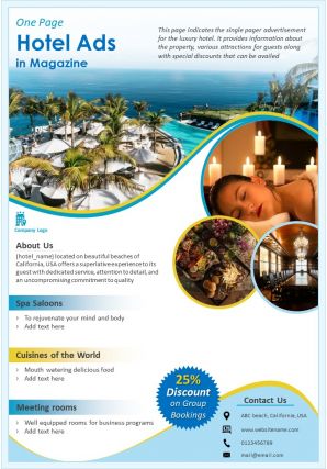 One page hotel ads in magazine presentation report infographic ppt pdf document