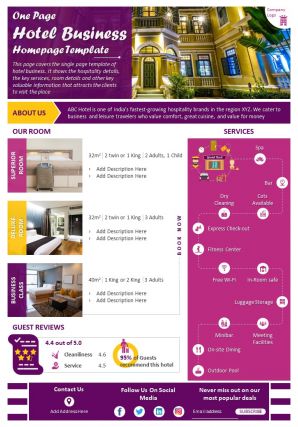 One page hotel business homepage template presentation report infographic ppt pdf document