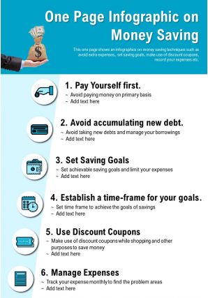 One page infographic on money saving presentation report infographic ppt pdf document