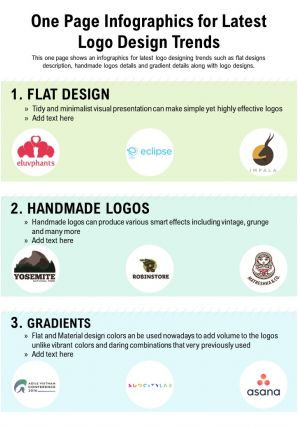 One page infographics for latest logo design trends presentation report infographic ppt pdf document