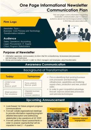 One page informational newsletter communication plan presentation report infographic ppt pdf document