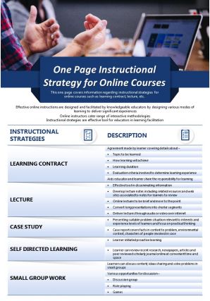 One page instructional strategy for online courses presentation report infographic ppt pdf document