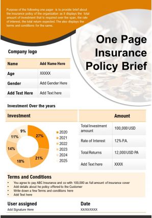 One page insurance policy brief presentation report infographic ppt pdf document