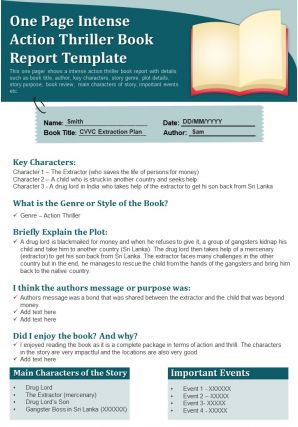 One page intense action thriller book report template presentation report infographic ppt pdf document