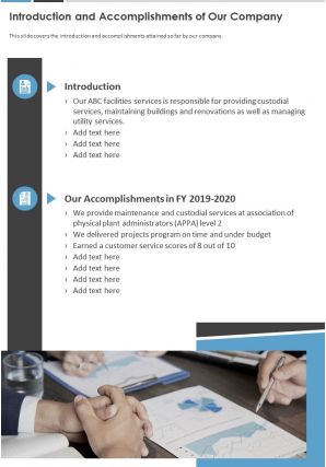 One page introduction and accomplishments of our company report infographic ppt pdf document