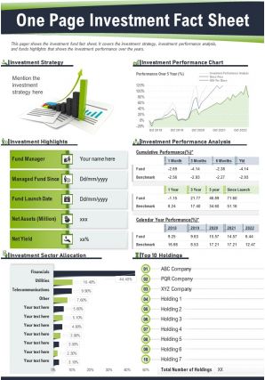 One page investment fact sheet presentation report infographic ppt pdf document