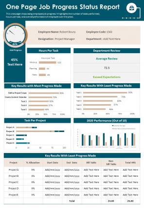 One Page Job Progress Status Report Presentation Infographic Ppt Pdf Document