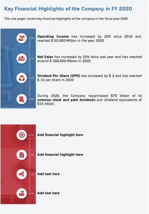 One page key financial highlights of the company in fy 2020 template 108 infographic ppt pdf document