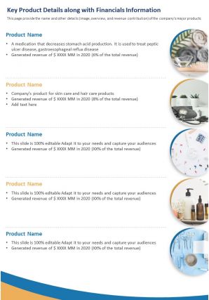 One page key product details along with financials information report infographic ppt pdf document
