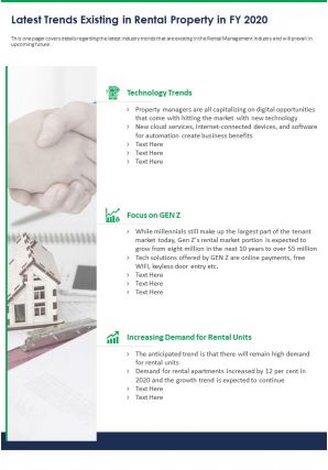One page latest trends existing in rental property in fy 2020 presentation report infographic ppt pdf document