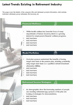 One page latest trends existing in retirement industry infographic ppt pdf document