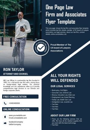 One page law firm and associates flyer template presentation report ppt pdf document