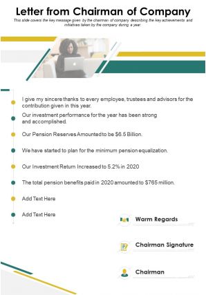 One page letter from chairman of company presentation report infographic ppt pdf document