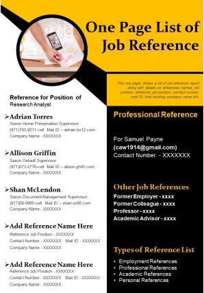 One page list of job reference presentation report infographic ppt pdf document