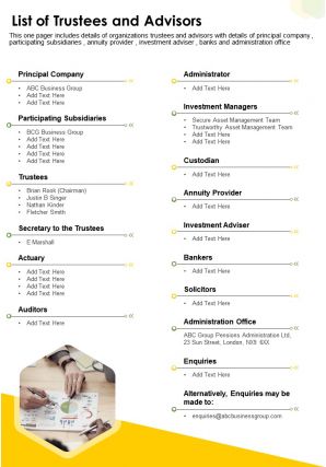 One page list of trustees and advisors presentation report infographic ppt pdf document
