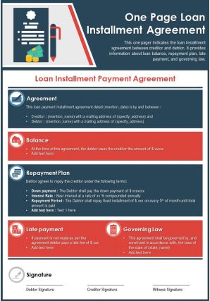 One page loan installment agreement presentation report infographic ppt pdf document