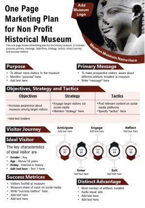 One page marketing plan for non profit historical museum presentation report infographic ppt pdf document