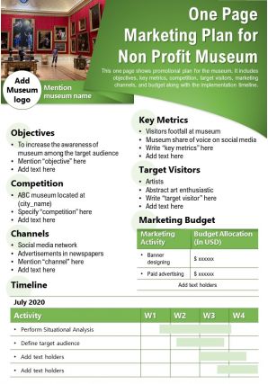 One page marketing plan for non profit museum presentation report infographic ppt pdf document