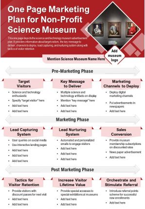 One page marketing plan for non profit science museum presentation report infographic ppt pdf document