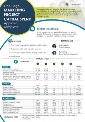 One page marketing project capital spend approval template presentation report infographic ppt pdf document