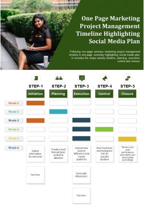 One page marketing project management timeline highlighting social media plan report infographic ppt pdf document