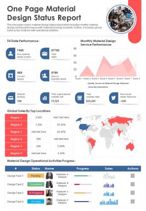 One page material design status report presentation infographic ppt pdf document