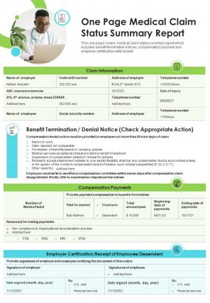 One page medical claim status summary report presentation infographic ppt pdf document