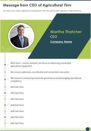 One page message from ceo of agricultural firm report infographic ppt pdf document