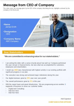 One page message from ceo of company presentation report infographic ppt pdf document