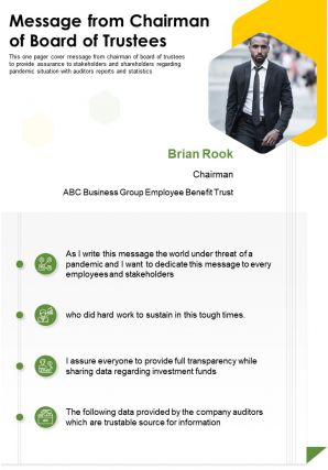 One page message from chairman of board of trustees presentation report infographic ppt pdf document