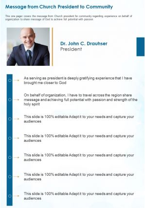 One page message from church president to community presentation report infographic ppt pdf document