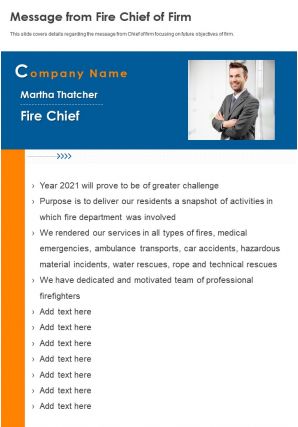 One page message from fire chief of firm presentation report infographic ppt pdf document