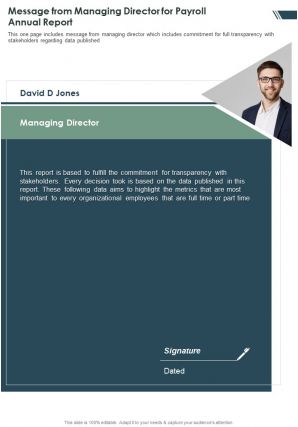 One page message from managing director for payroll annual report infographic ppt pdf document
