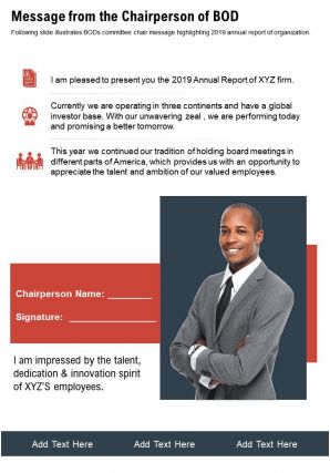 One page message from the chairperson of bod presentation report infographic ppt pdf document
