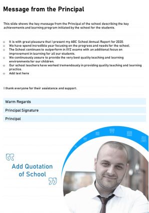 One page message from the principal template 478 presentation report infographic ppt pdf document