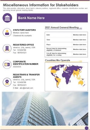 One page miscellaneous information for stakeholders template 418 report infographic ppt pdf document