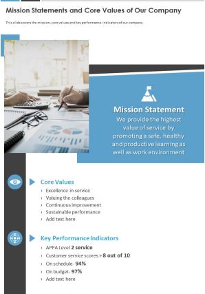 One page mission statements and core values of our company report infographic ppt pdf document