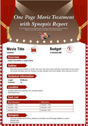 One page movie treatment with synopsis report presentation report infographic ppt pdf document